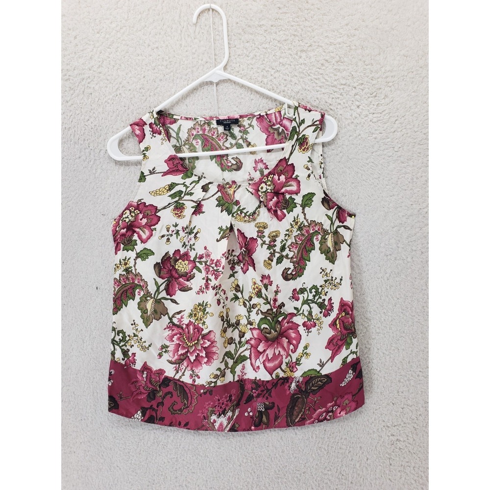 Talbots Women Top 4 Green Floral Print 100% Silk Sleeveless Casual Fit Tank